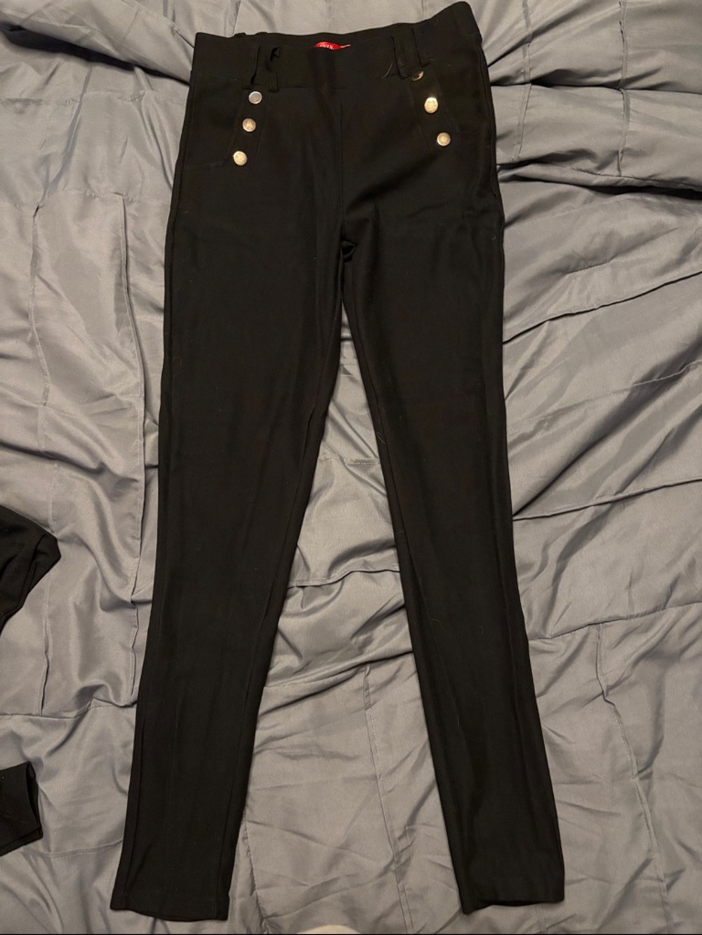 High-Rise Black Stretch Ponte Pants with Gold Buttons